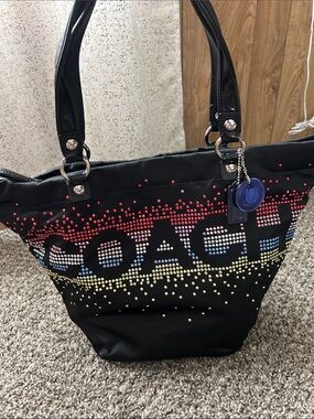 NWOT Authentic Coach H1173-F17144 Black Tote with Red, Blue, Yellow Rhinestones